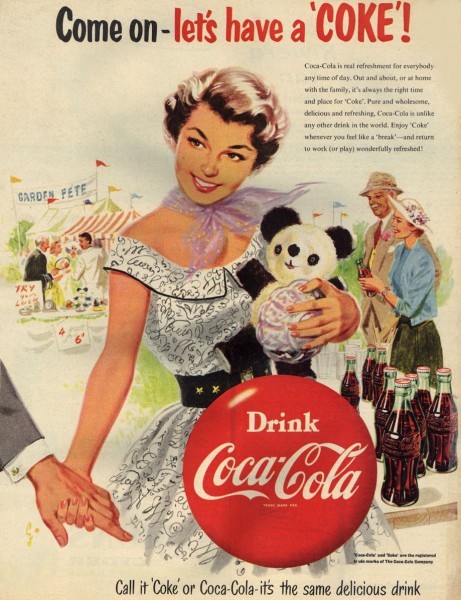 24th July 1954:  A woman encourages her date to 'Drink Coca-Cola' at a garden fete. Original Publication: Picture Post Ad - Vol 64 No 4 P 52 - pub. 1954  (Photo by Picture Post/Hulton Archive/Getty Images)